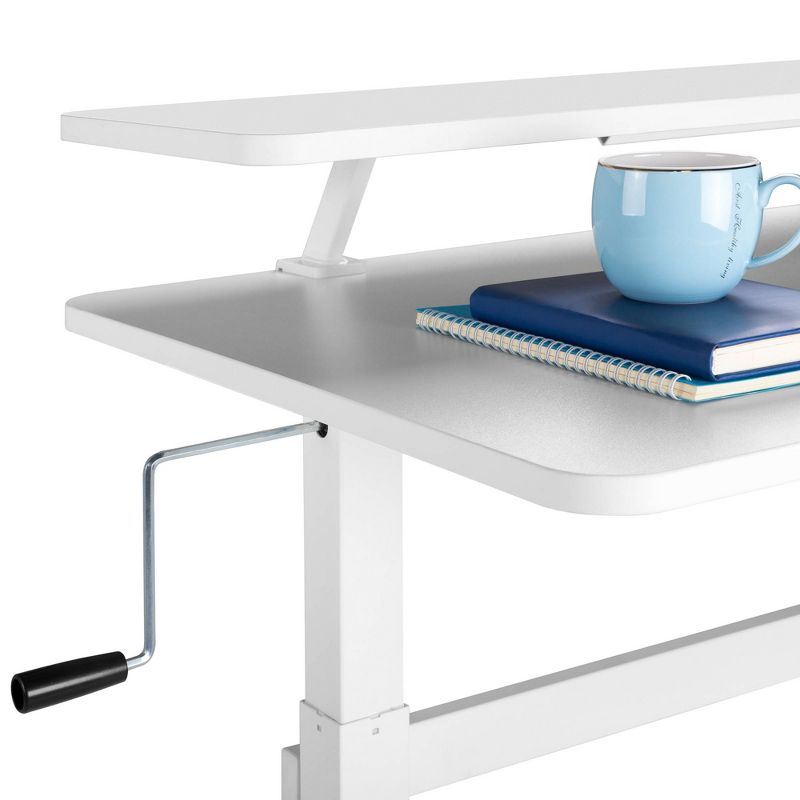 Tranzendesk Standing Desk with Clamp-On Shelf - 55" Sit to Stand Workstation with 55" Monitor Stand - White - Stand Steady