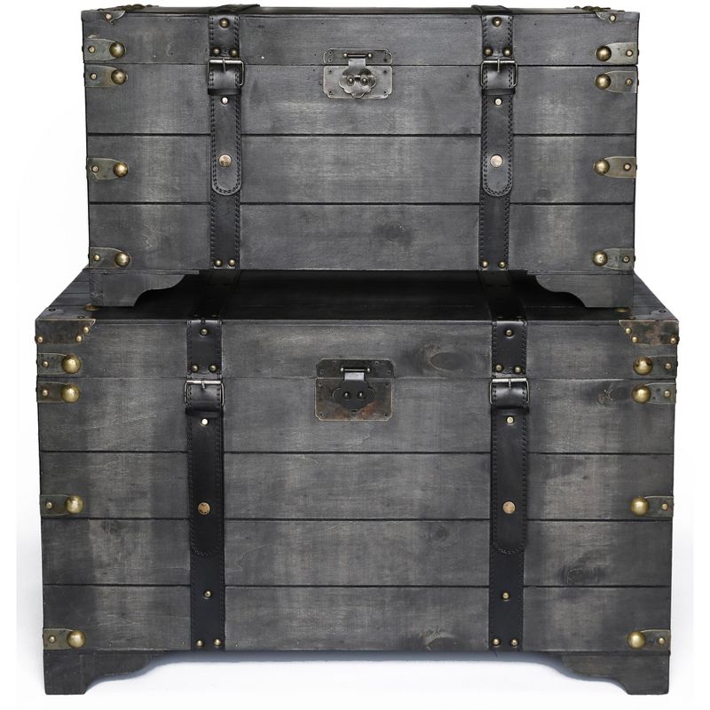 Vintiquewise Distressed Black Large Wooden Storage Trunk Coffee Table Set of 2