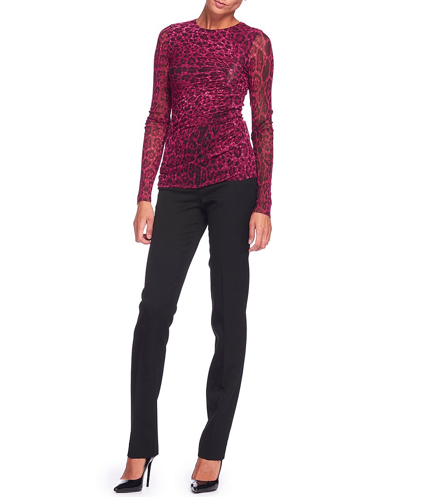 FUZZI Tulle Mesh Iconic Leopard Print Crew Neck Ruched Long Sleeve Top