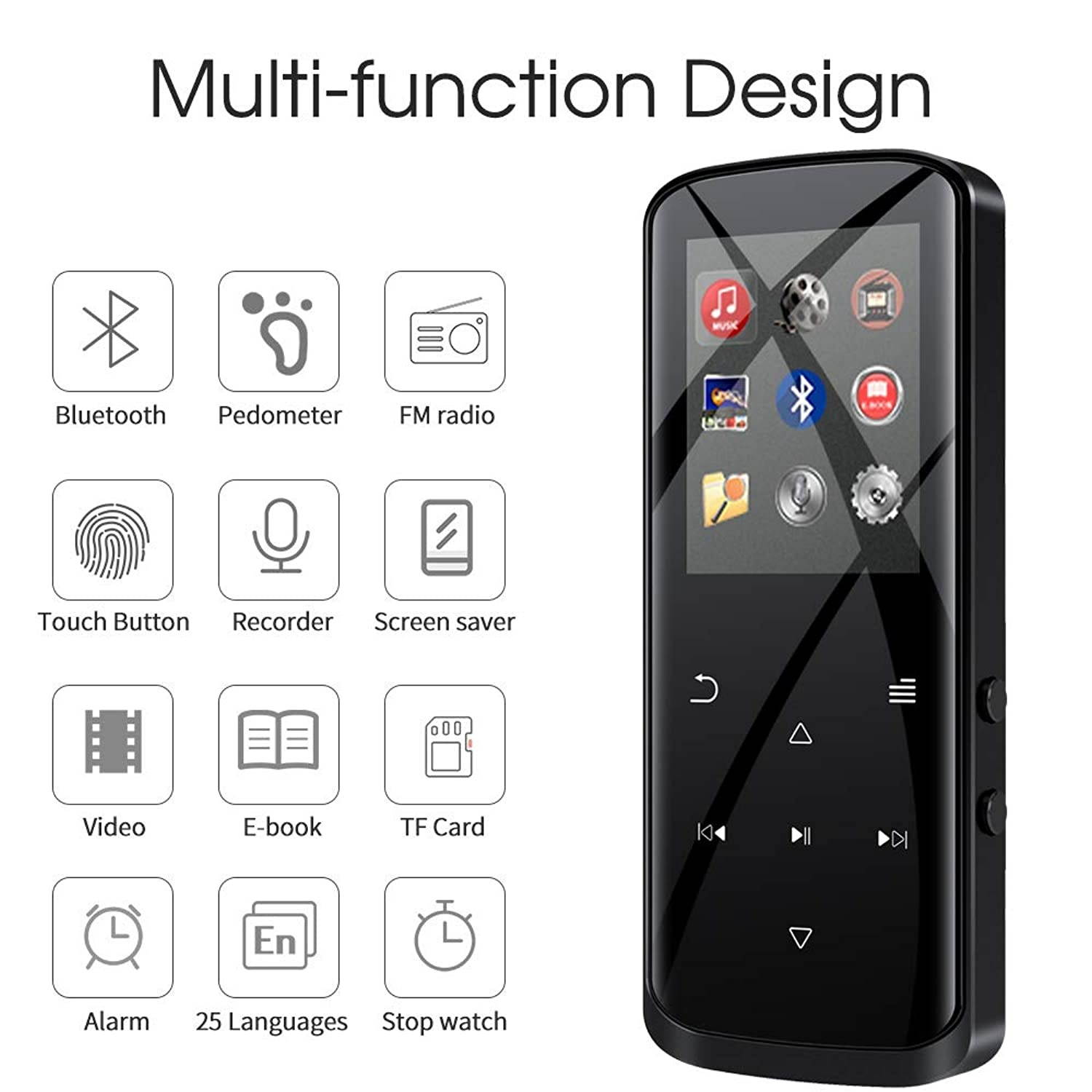 RUIZU Mp3 Player, Mp3 Player with Bluetooth, 8GB Portable HiFi Lossless Sound Music Player with Speaker, FM Radio, Voice Recorder, E-Book, Video Player, Pedometer, Support up to 128GB(Black)