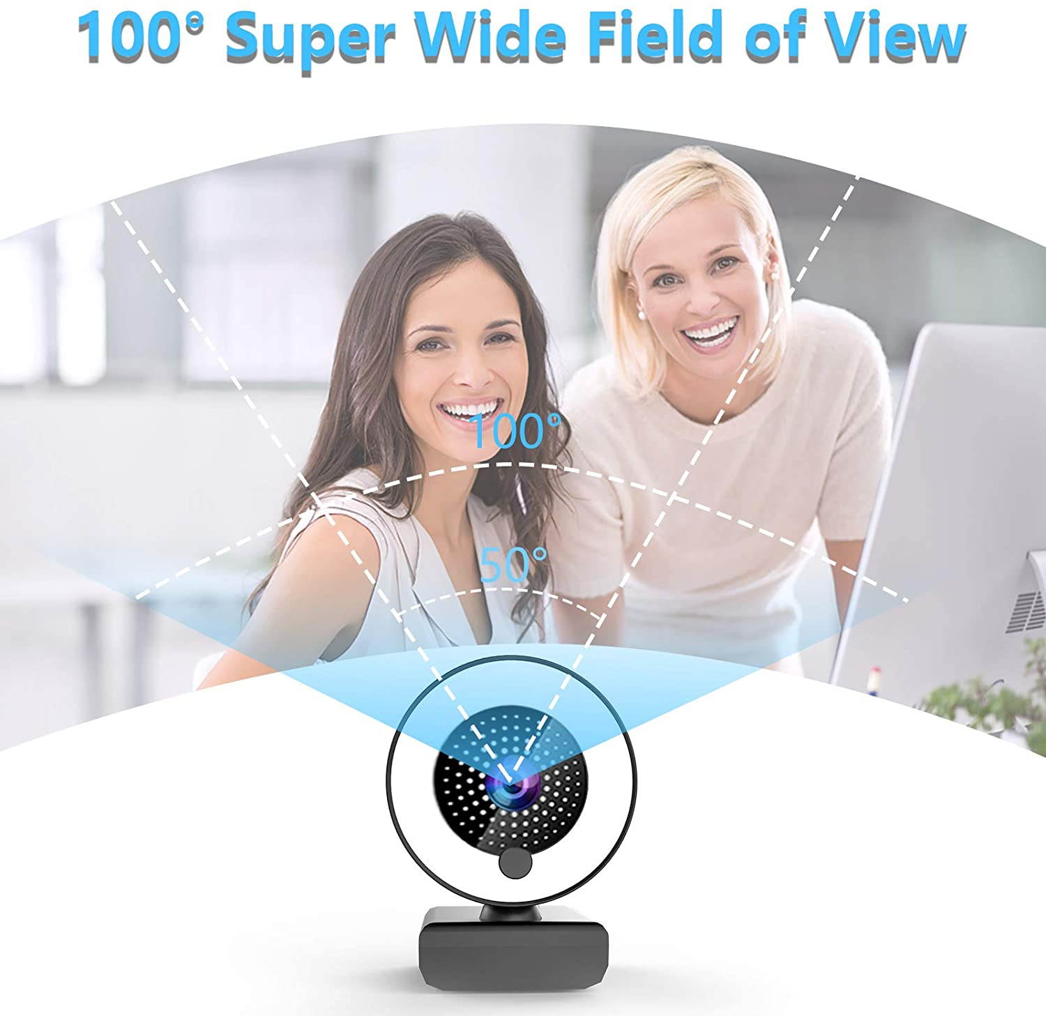 Webcam for PC, 2K HD Web Camera with Microphone and Ring Light, Wide Angle Web Cameras for Skype, Streaming, Teleconference, Video Chat, with Cover and Stand