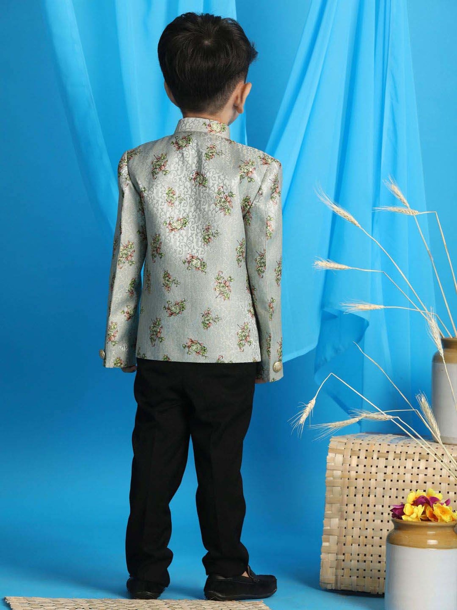 VASTRAMAY Boys Green Self Full Sleeves Indowestern