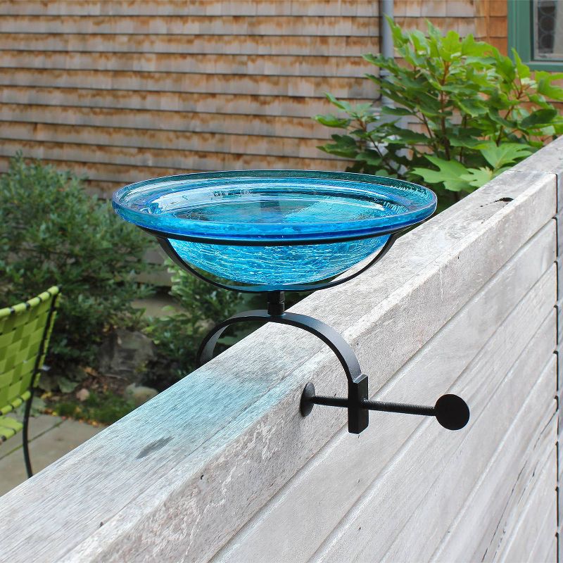 9" Diameter Reflective Crackle Glass Birdbath Bowl with Over Rail Bracket Teal Blue - Achla Designs