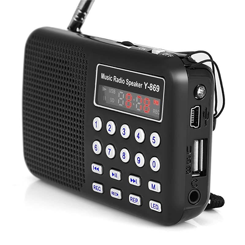 Mini Digital AM FM Pocket Radio Portable Speaker Support FM Radio TF Card USB Disk with LED Screen Display and Emergency Flashlight Function