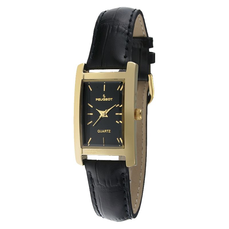 Women's Peugeot Gold-tone Black Dial Leather Strap Watch - Black
