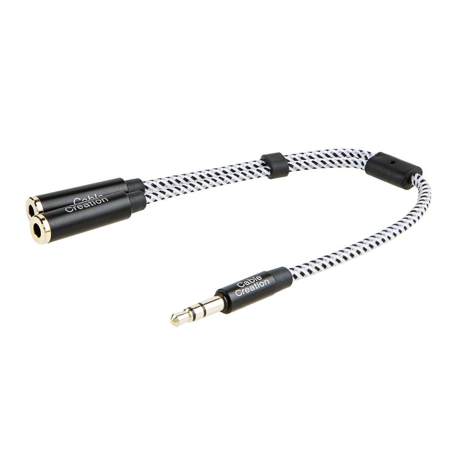 CableCreation Short 3.5mm Audio Stereo Y Splitter cable, 3.5mm Male to 2 x 3.5mm Female Slim and Soft Cable with Gold Plated Connector, for Smartphones, Tablets, MP3 Player and More, Black and White