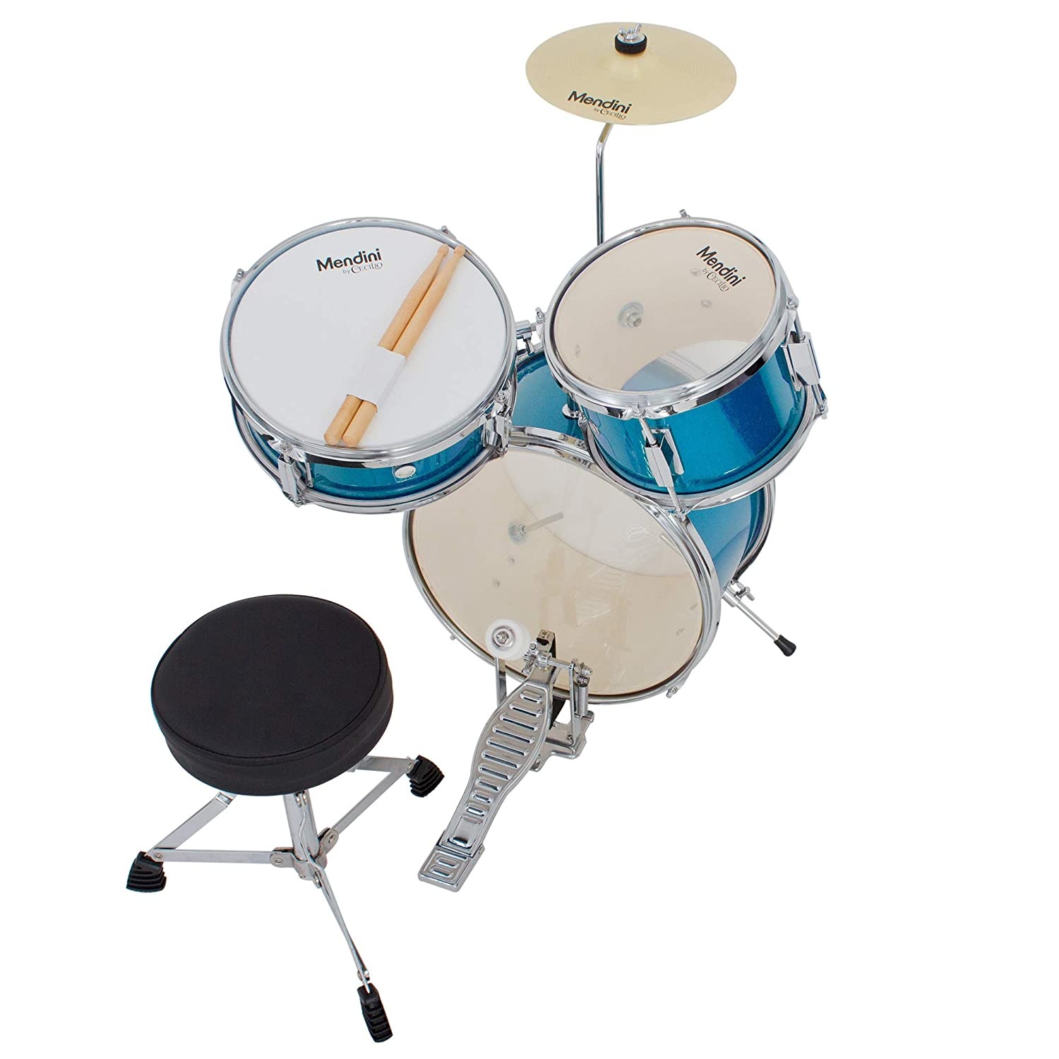 Mendini by Cecilio 13 inch 3-Piece Kids/Junior Drum Set with Throne, Cymbal, Pedal & Drumsticks (Blue Metallic)