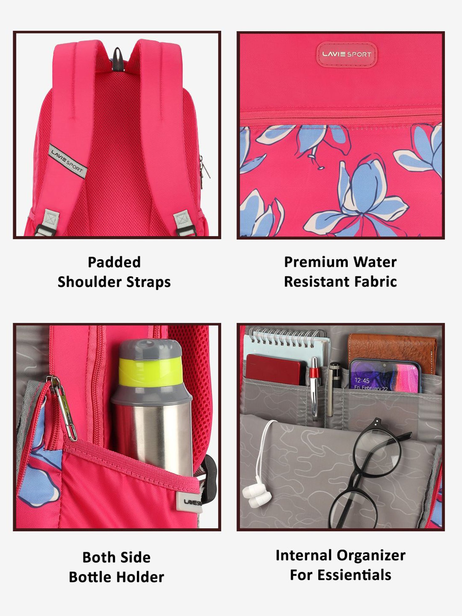 Lavie Sport Bloomy 26L Floral Printed School Backpack for Girls (Magenta)