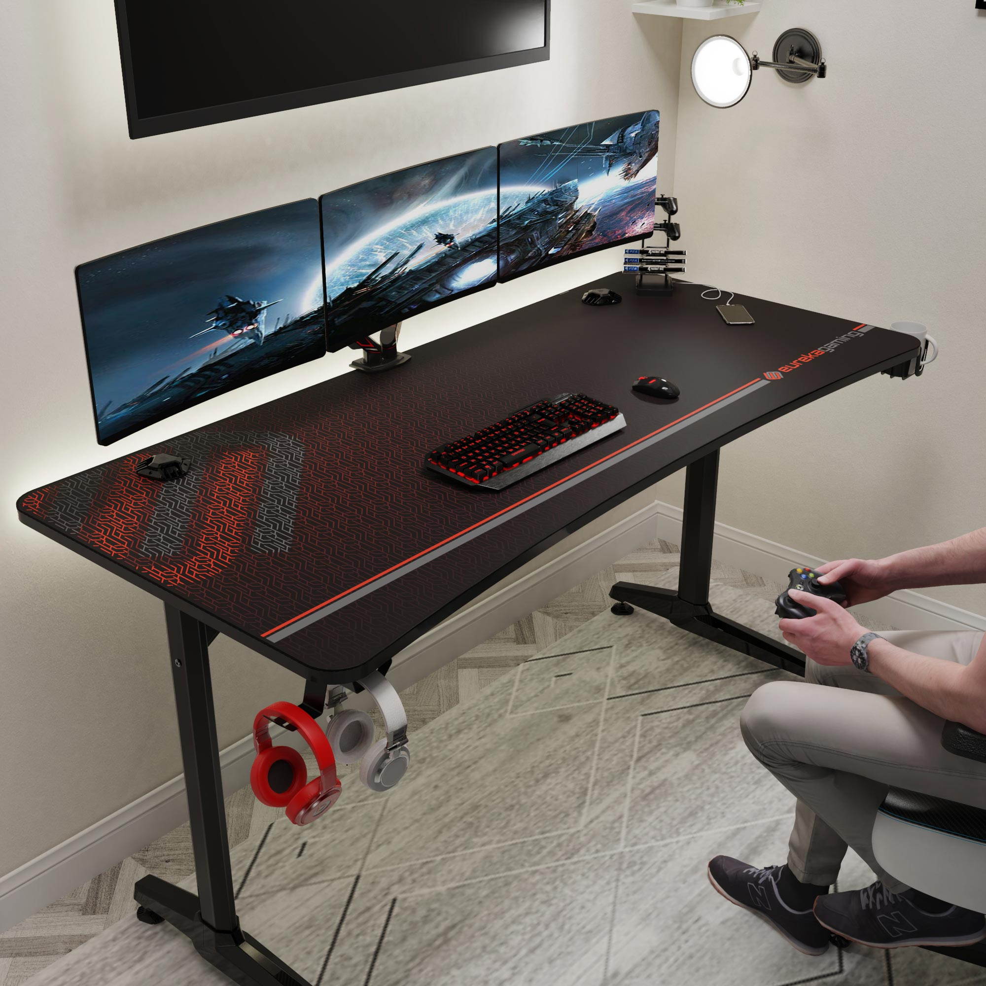 Eureka Ergonomic&reg; Gaming Desk, New Polygon Legs Design Captain Series Home Office Computer Desk with Free Mousepad, Controller Stand, Cup Holder & Headphone Hook- Black, 60"
