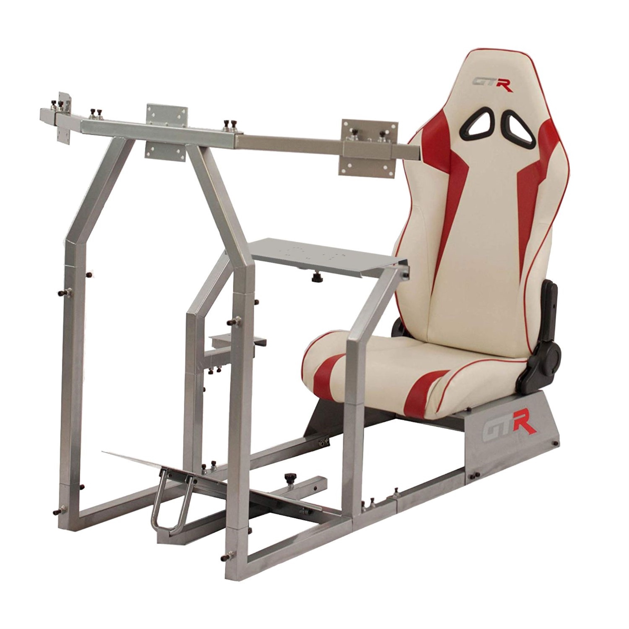 GTR Racing Simulator GTAF-S-S105LBKRD - GTA-F Model (Silver) Triple or Single Monitor Stand with Black/Red Adjustable Leatherette Seat, Racing Simulator Cockpit gaming chair Single Monitor Stand