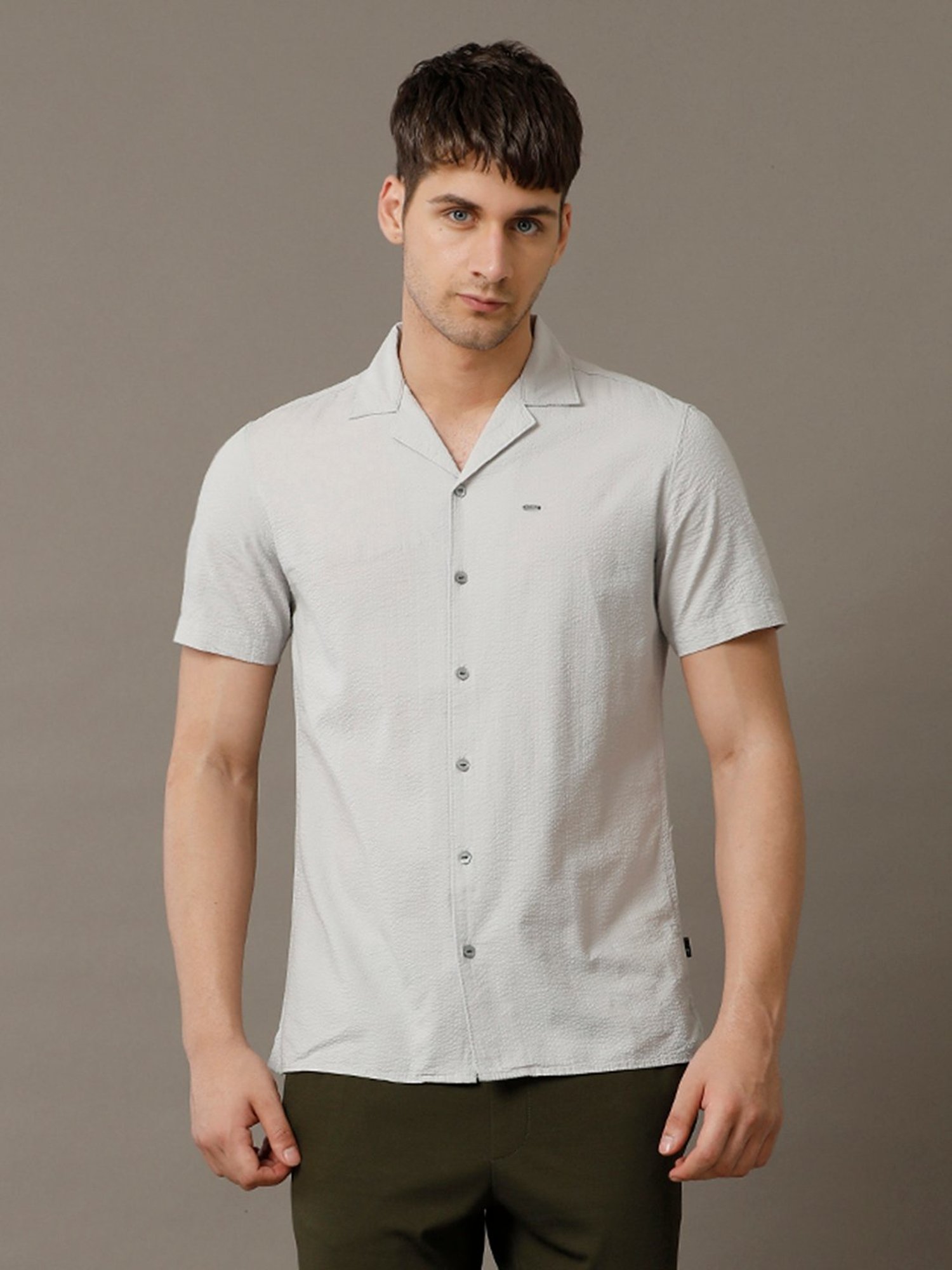 Identiti Grey Slim Fit Self Design Shirt