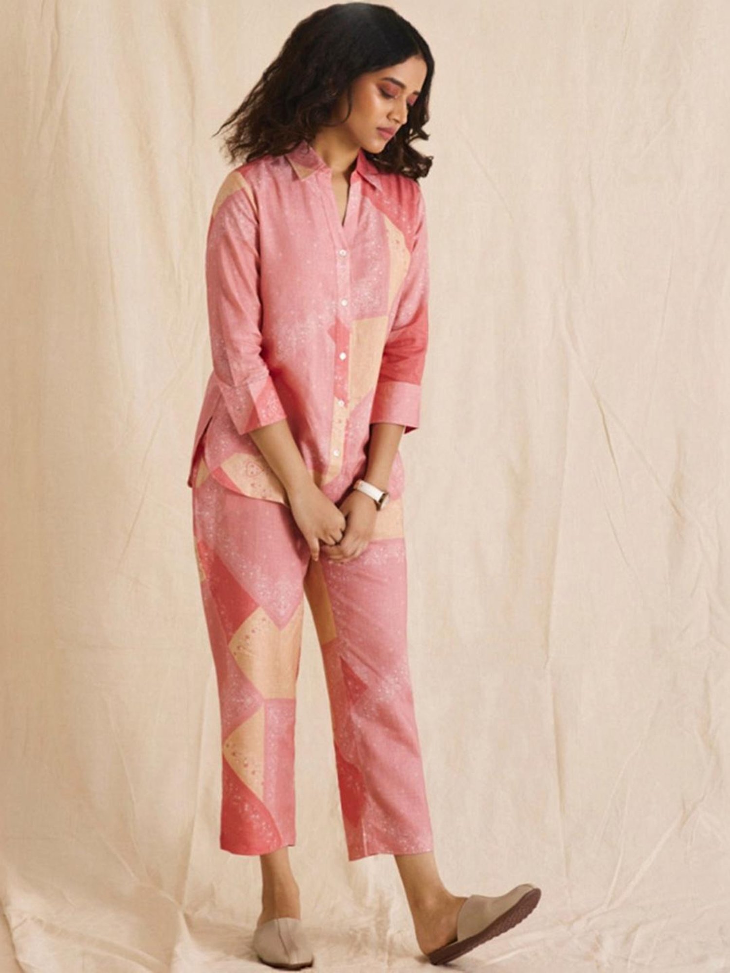 Bombay Bloom Pink Yellow Paisley Linen Tunic With Pant Co-Ord Set