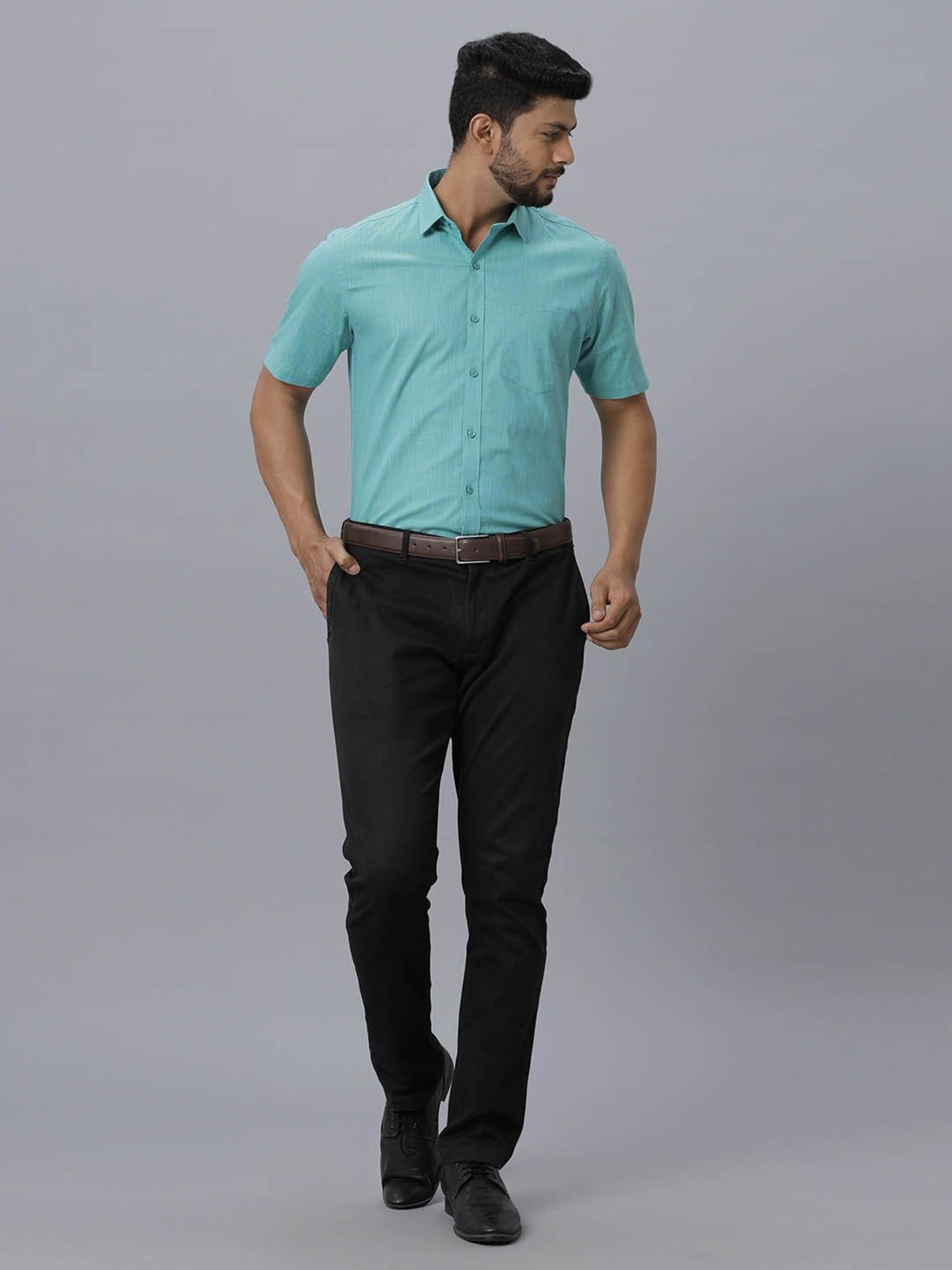 Ramraj Sea Green Cotton Regular Fit Shirt