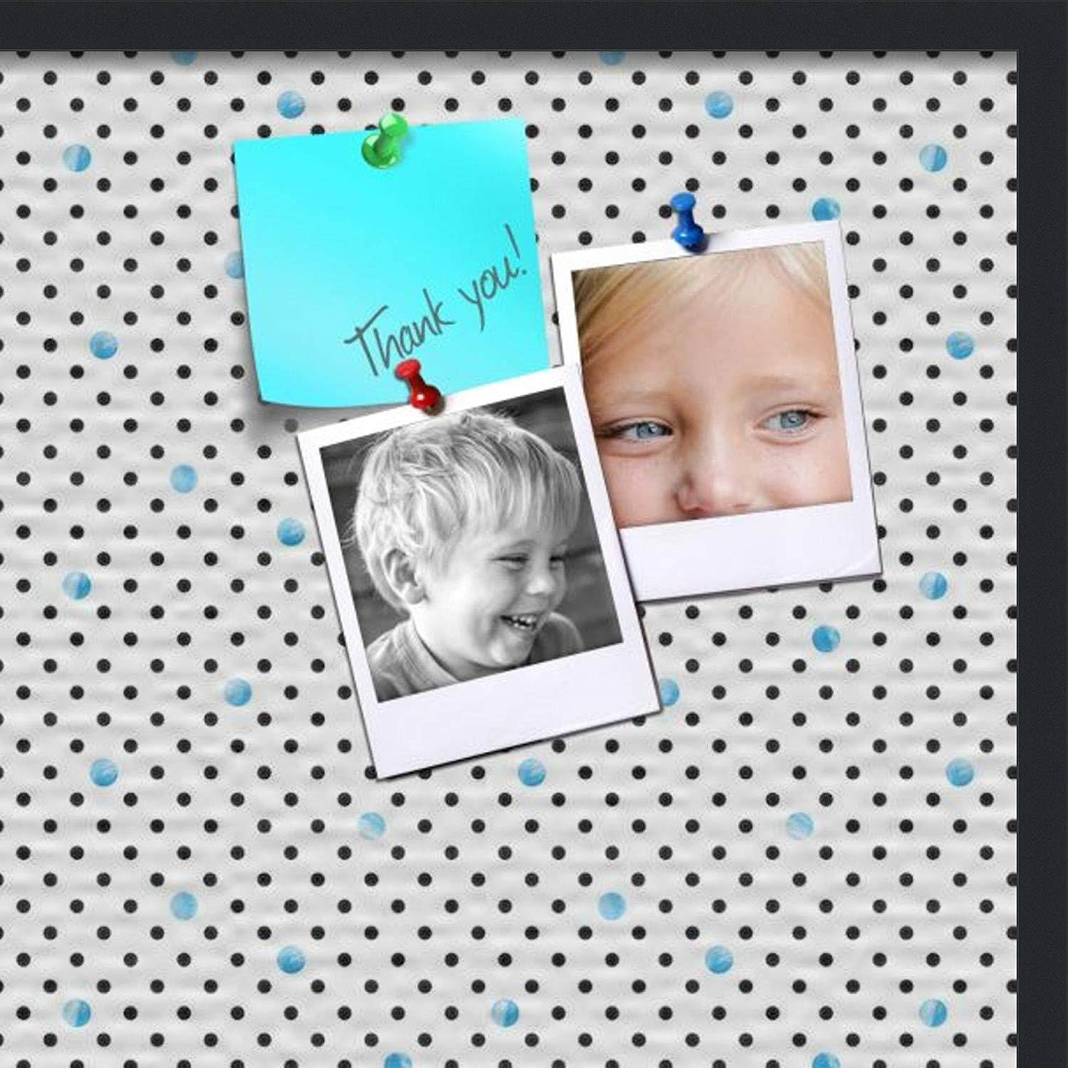 PinPix custom printed pin cork bulletin board made from canvas, Chic Polka Dot Blue 36x24 Inches (Completed Size) and framed in Satin Black (PinPix-Group-55)