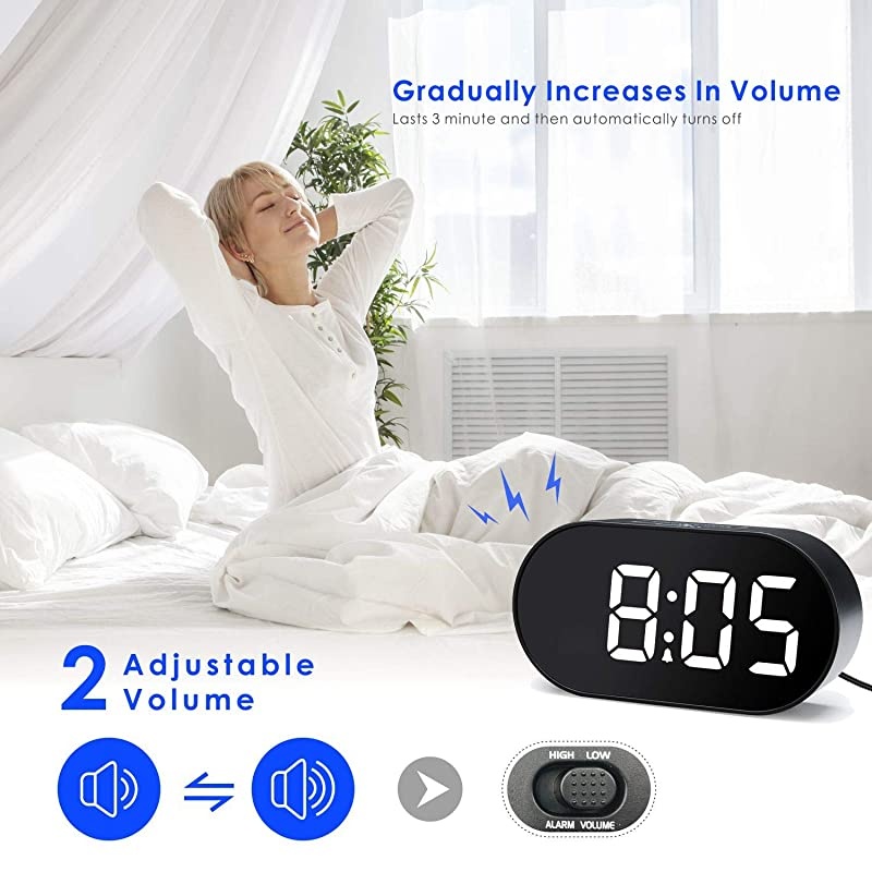 Digital LED Alarm Clock with Dimmer and Snooze 2 Level Alarm Volume Optional Large White Digit Display Bedside Clocks with USB Port Phone Charger Simple Operation White