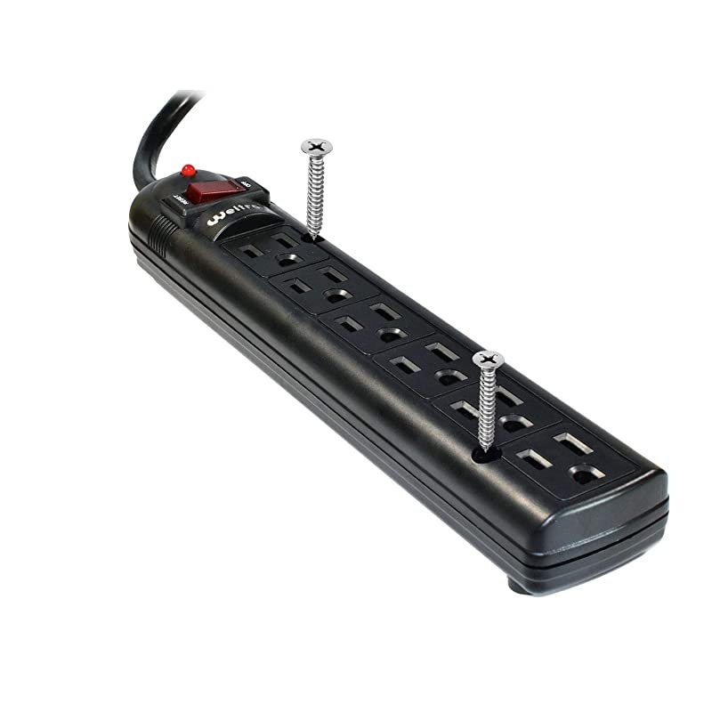 6 Outlet Black Surge Protector Power Strip, Wall Mount, 750 Joules, Long 20 Foot Cord Cable