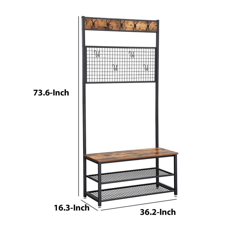 Metal Coat Rack with Wooden Bench Brown and Black - Benzara