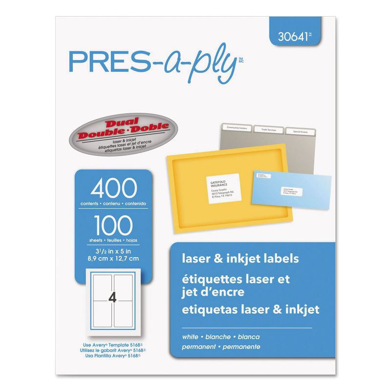 PRES-a-ply Laser/Inkjet Shipping Labels 3 1/2 x 5 White 400/Pack 30641