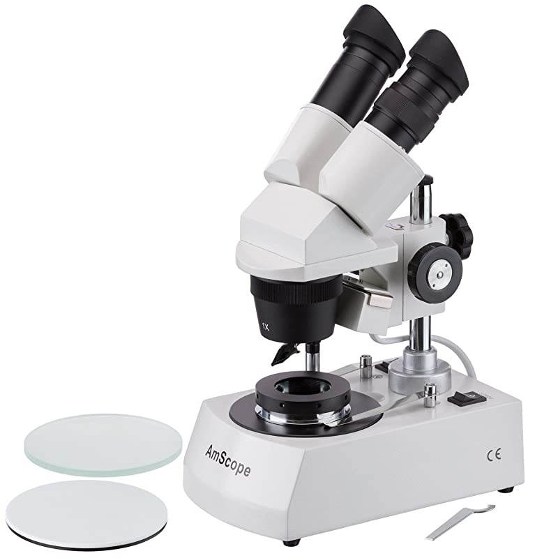 SE305-P-DK Binocular Stereo Microscope, WF10x Eyepieces, 10X and 30X Magnification, 1X and 3X Objectives, Upper and Lower Halogen Lighting, Reversible Black/White Stage Plate, Arm Stand, 120V, Includ