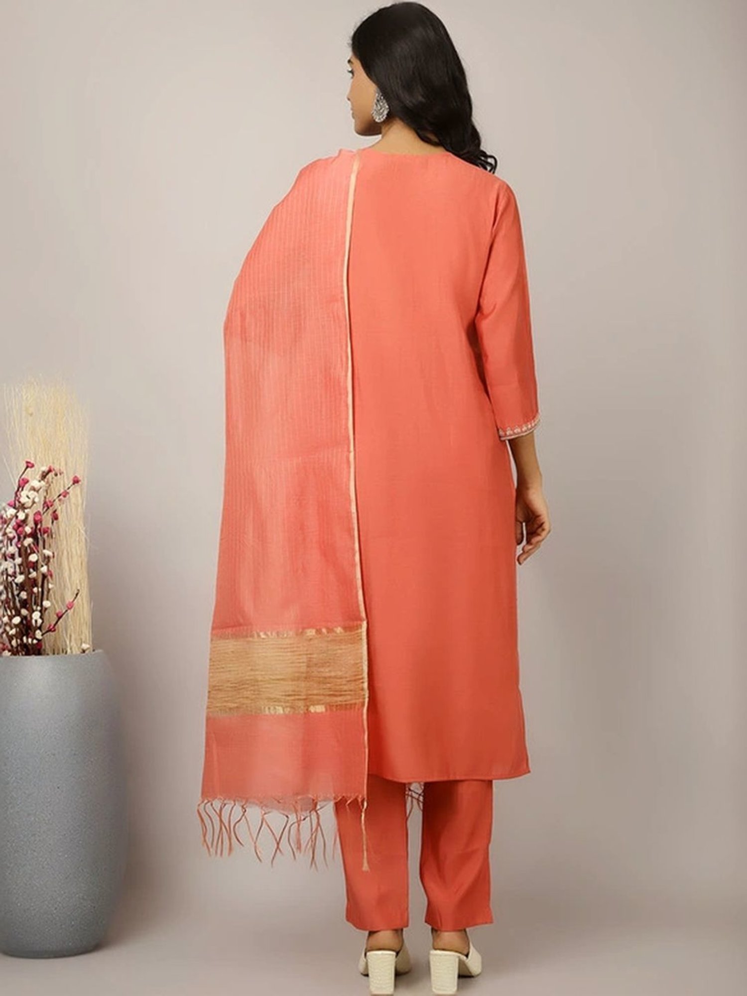 Jaipur Kurti Coral Embroidered Kurta Pant Set With Dupatta