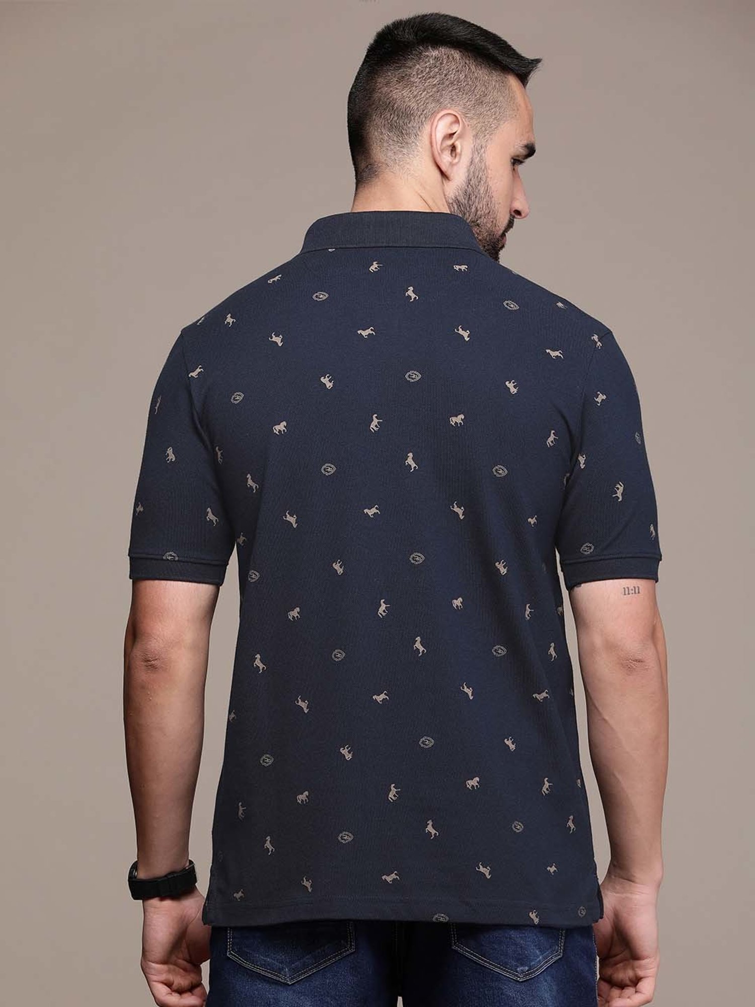Burnt Umber Navy Regular Fit Printed Polo T-Shirt
