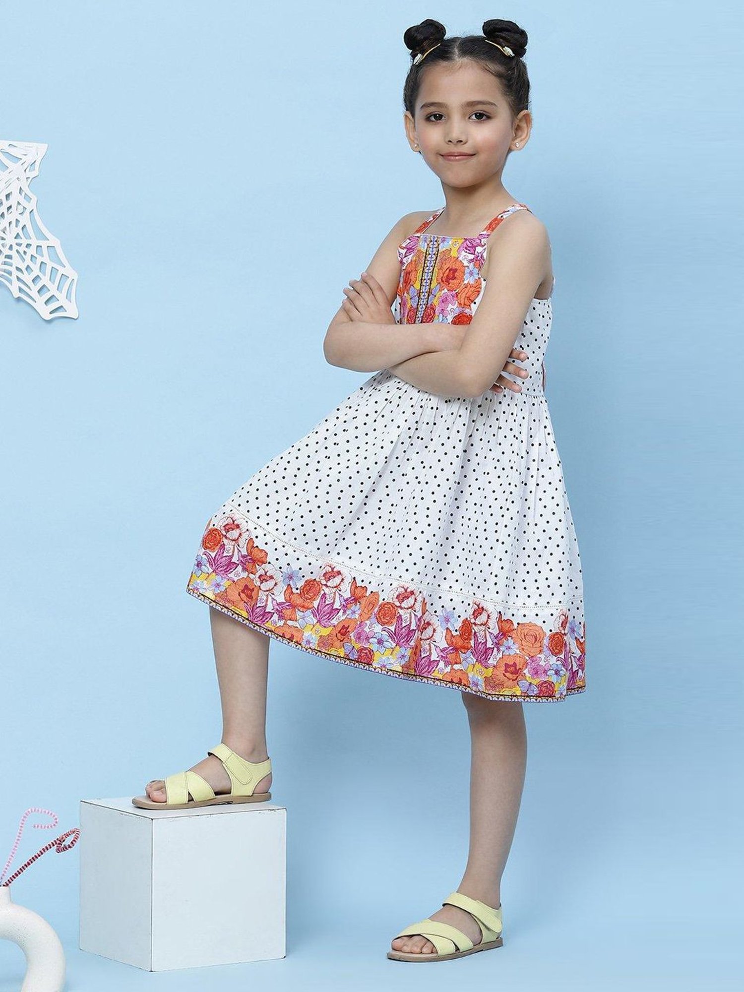 BIBA Girls White Cotton Printed Dress