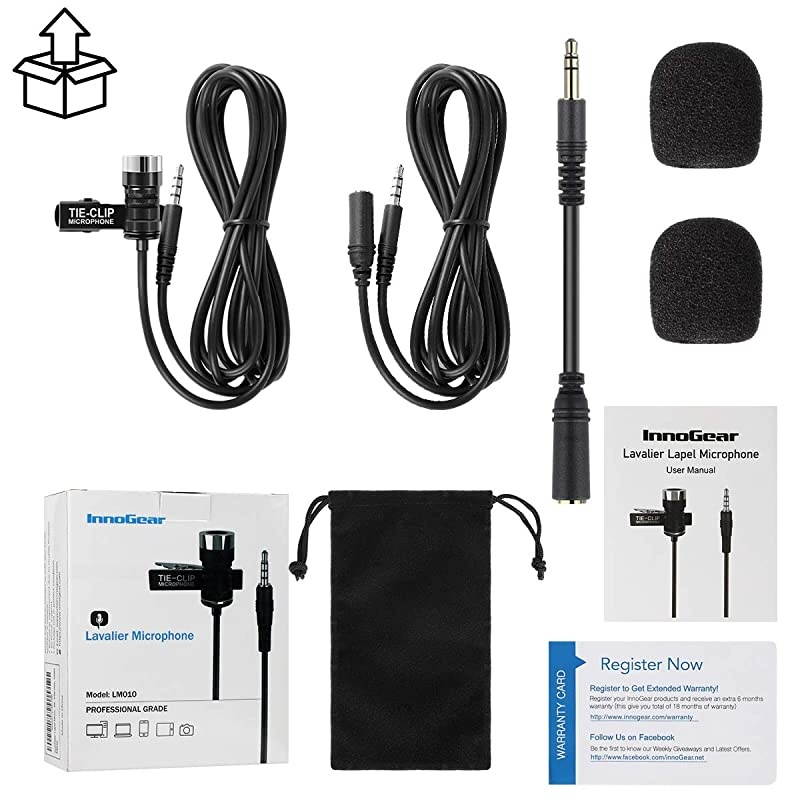 Lapel Microphone with 65 Feet Extension Cable and 4 to 3 Pin Adapter 35mm Clipon Omnidirectional Lavalier Mic for iPhone Android Smartphone