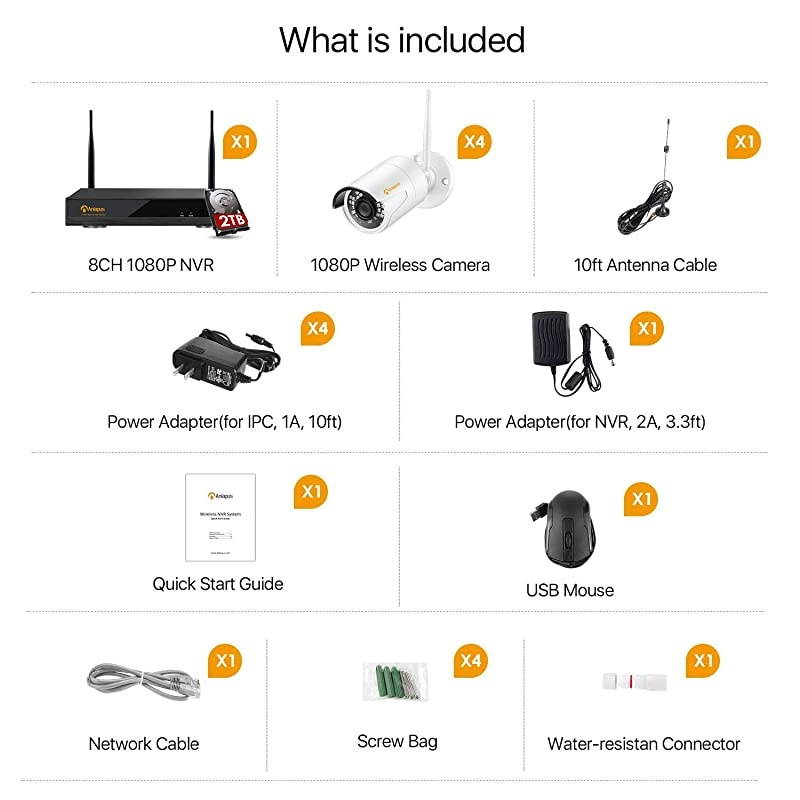 H.265+ 1080P Wireless NVR Surveillance Camera Set, 8CH CCTV WiFi NVR with 8pcs 2MP HD Home Security IP Camera Outdoor, Easy Remote View, 1tb Hard drive