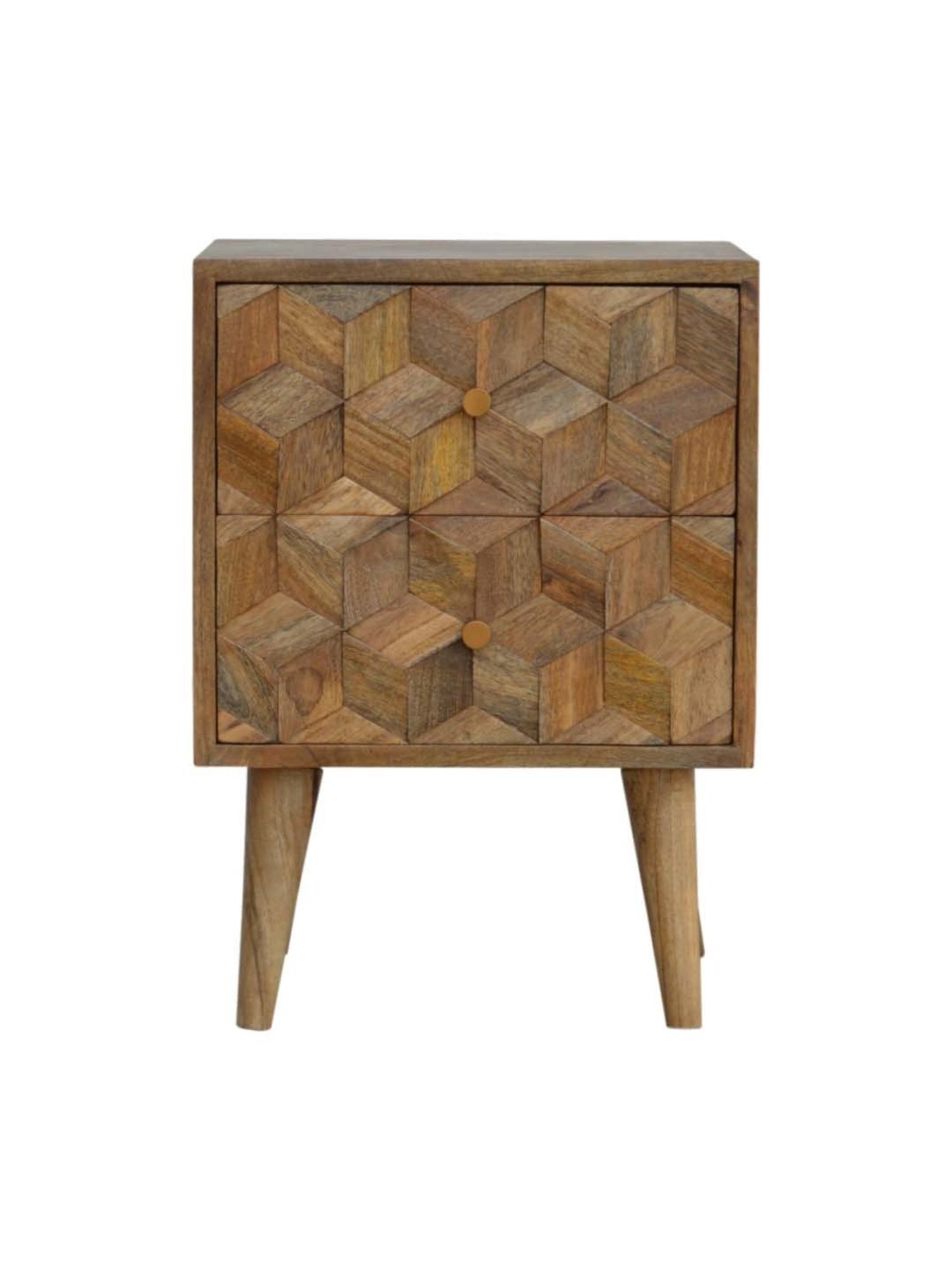 Artisan Furniture Textured Brown Cube Carved Bedside Table With Double Drawers
