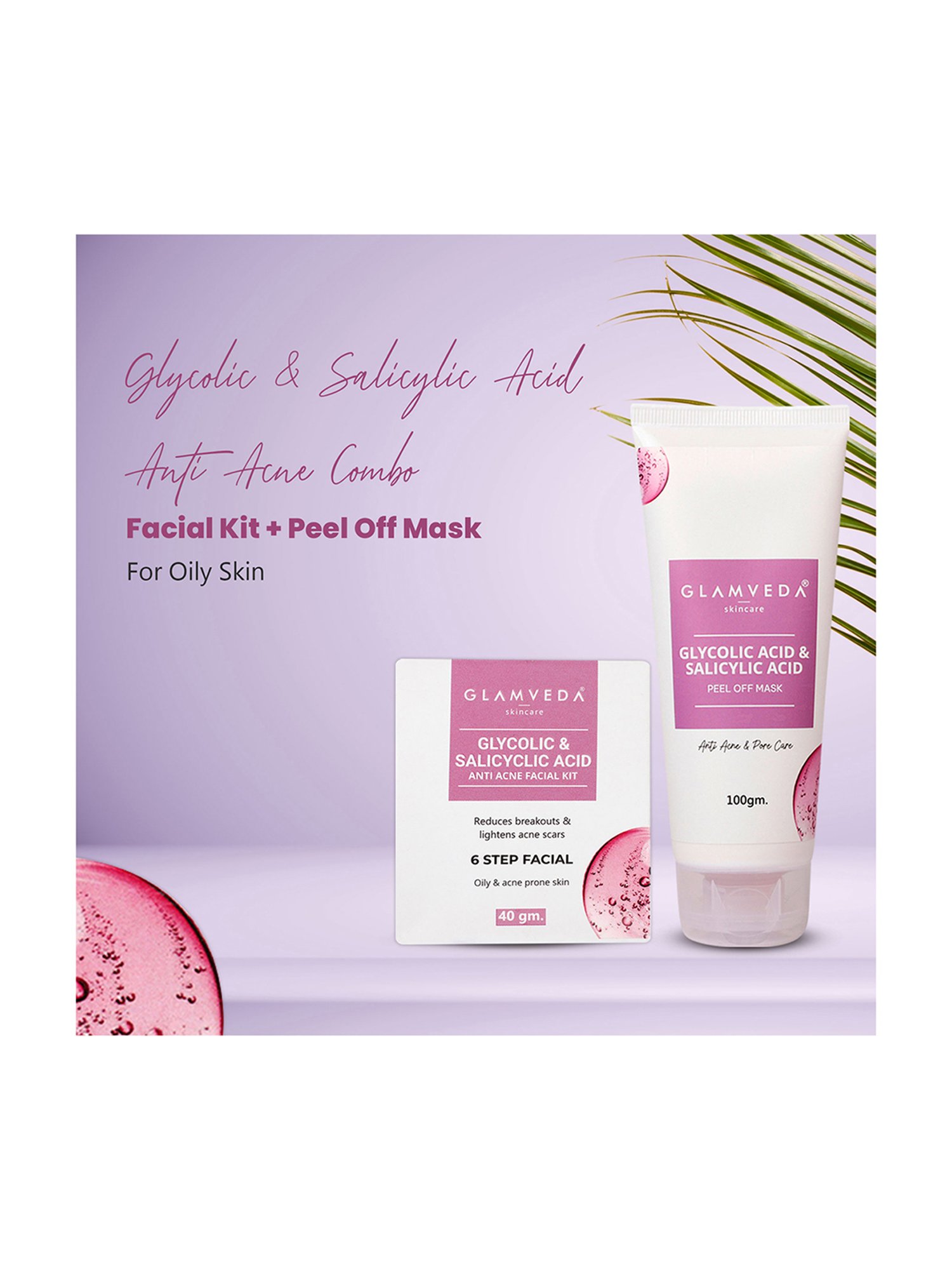 Glamveda Glycolic & Salicylic Acid Anti Acne Facial Kit and Peel Off Mask Combo