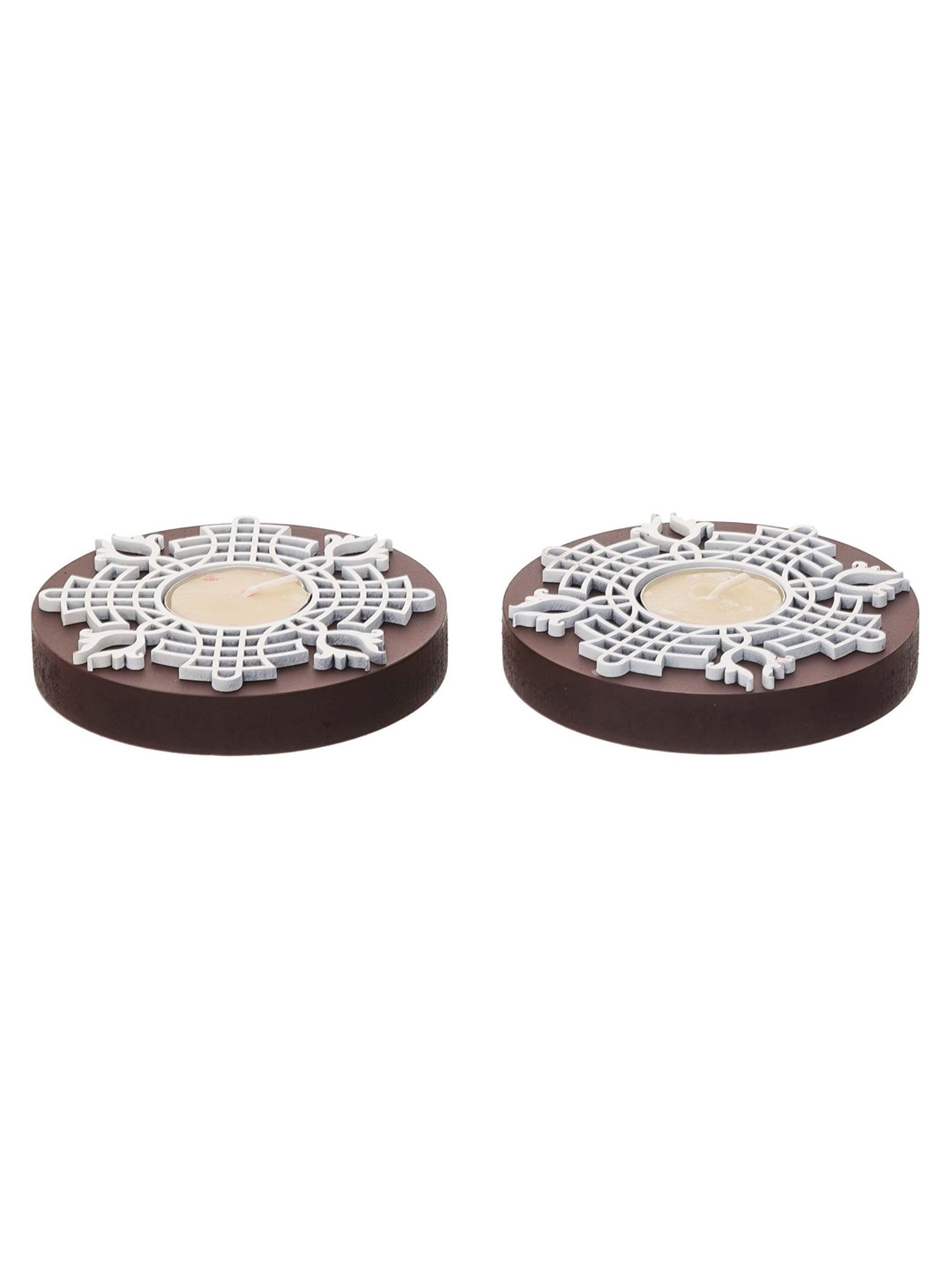 eCraftIndia Set of 12 Round Wooden Block Print Tea Light Candle Holders, Diya Stands