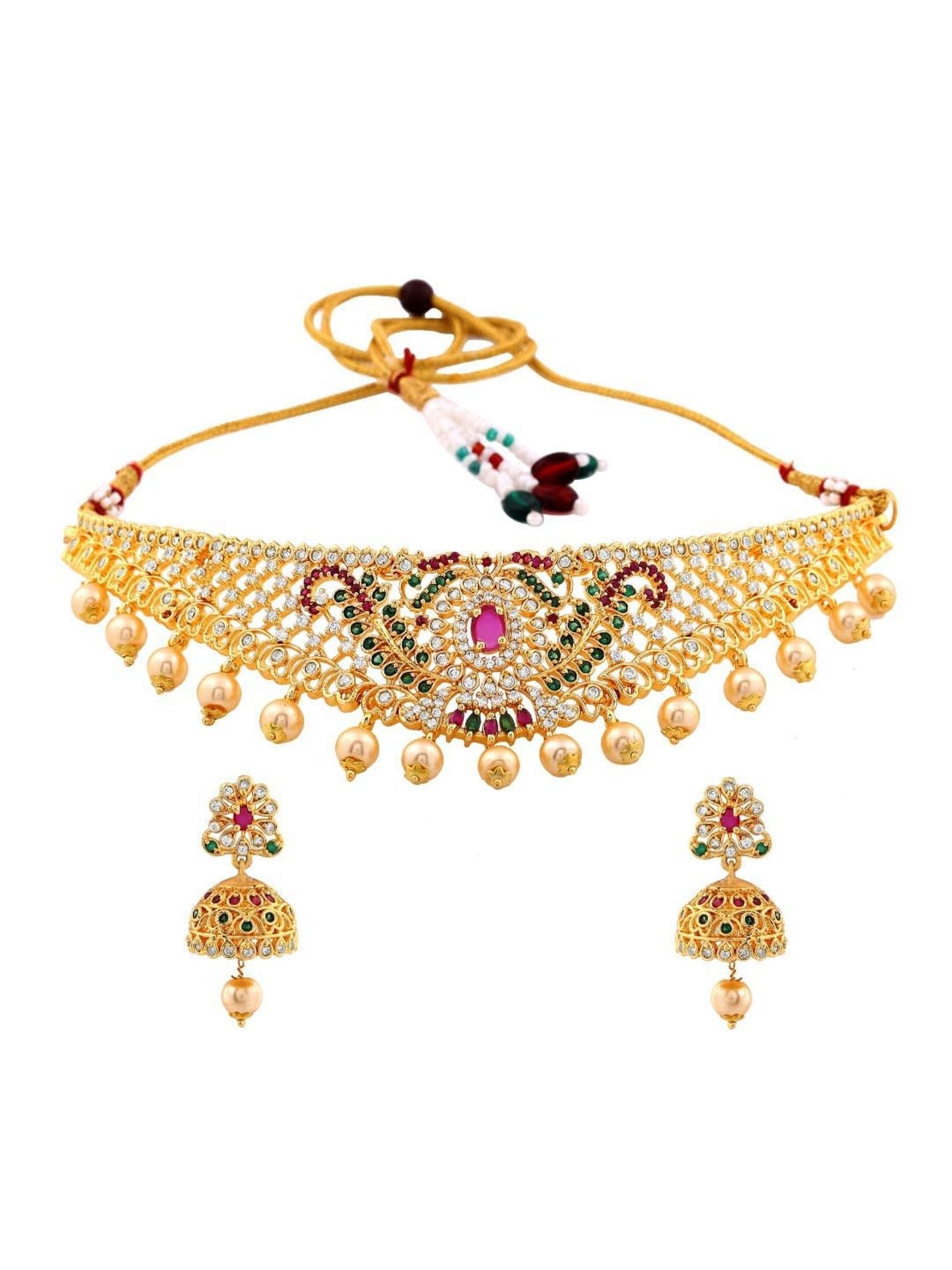 Estele Gold-Plated CZ Dazzling Bridal Choker Necklace Set with Pearls for Women
