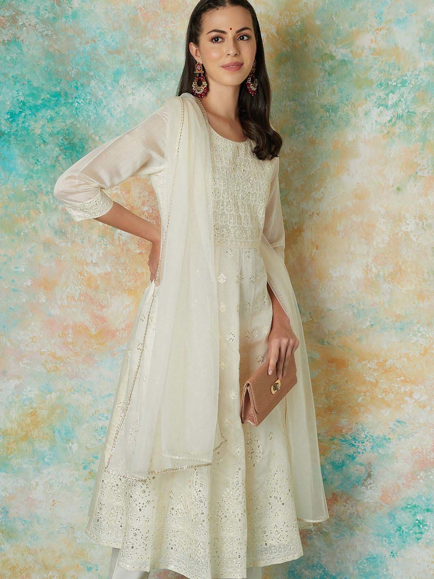 Melange by Lifestyle Off White Embroidered Kurta & Pant Set With Dupatta