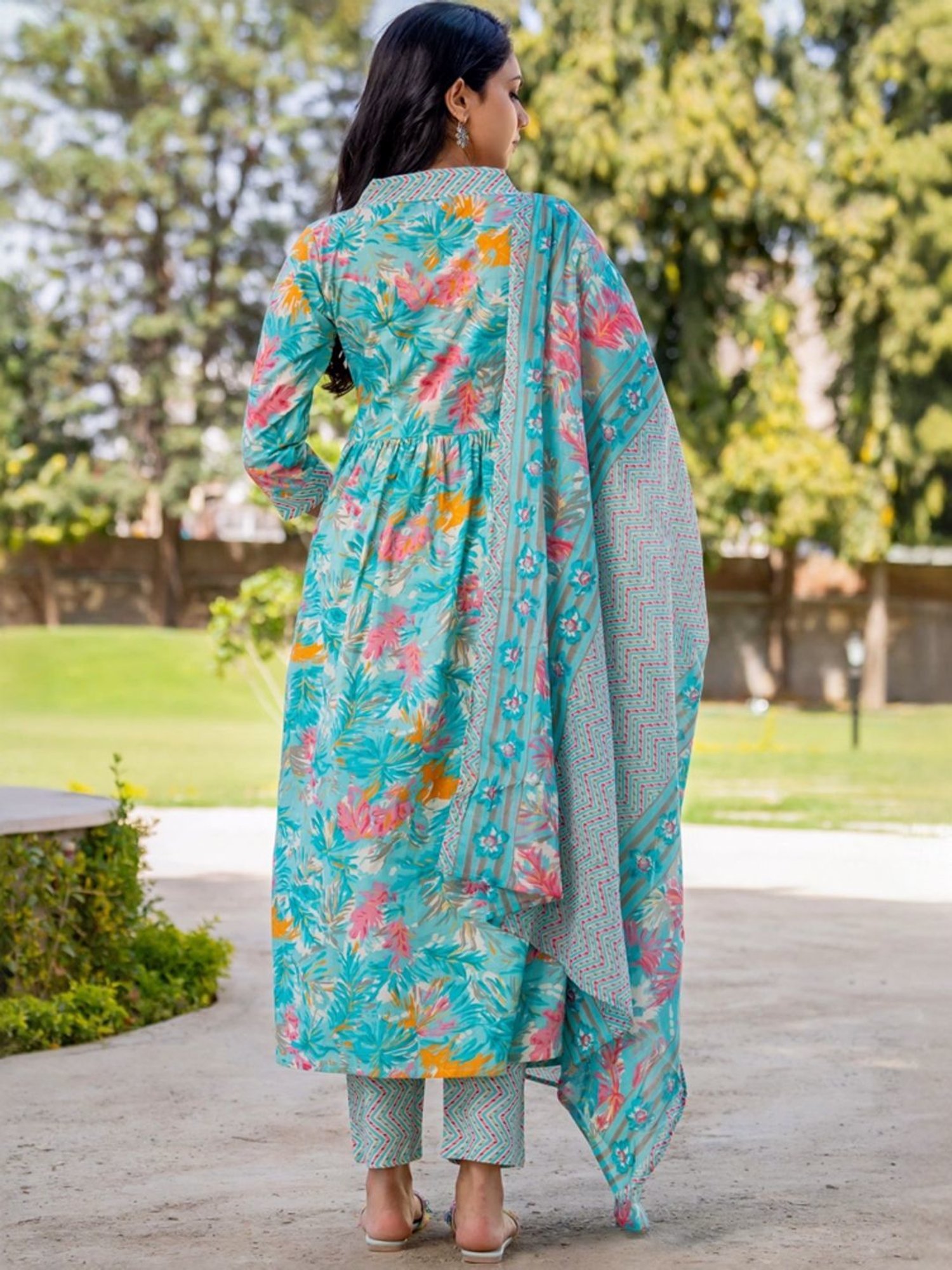 HOUSE OF JAMOTI Blue Cotton Printed Kurta Pant Set With Dupatta