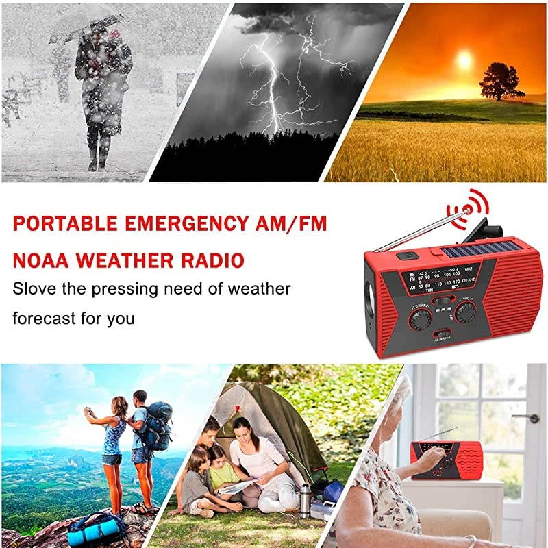 2020 Premium Version EmergencySolarHandCrankRadio Portable NOAA Weather Radios with AMFM AlarmReading Lamp2000mAh Power BankRed