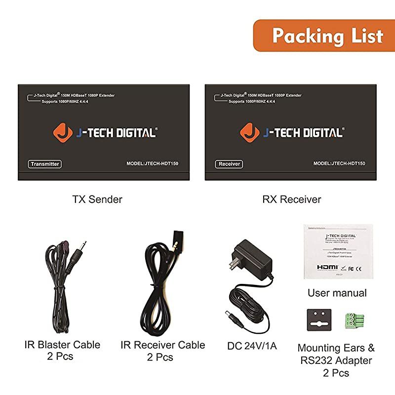 Long Range HDMI Extender Over Cat6 150m/492ft HDBaseT 1080P Extender PoC, Bi-Directional IR, Supports Dolby Digital, DTS, with EDID, CEC, & RS-232 Passthrough (JTECH-HDT150)