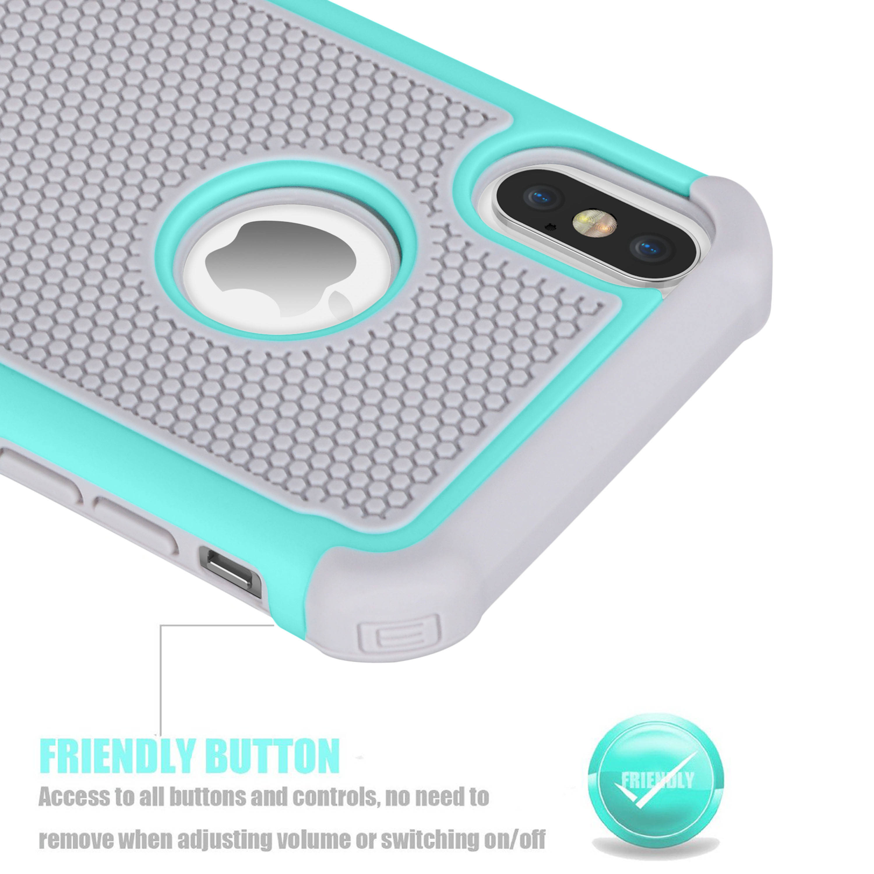 iPhone X Case, iPhone X Cute Case, Tekcoo [Tmajor] Shock Absorbing [Turquoise] Rubber Silicone & Plastic Scratch Resistant Bumper Grip Rugged Hard Cases Cover for Apple iPhone X (5.8 inch)