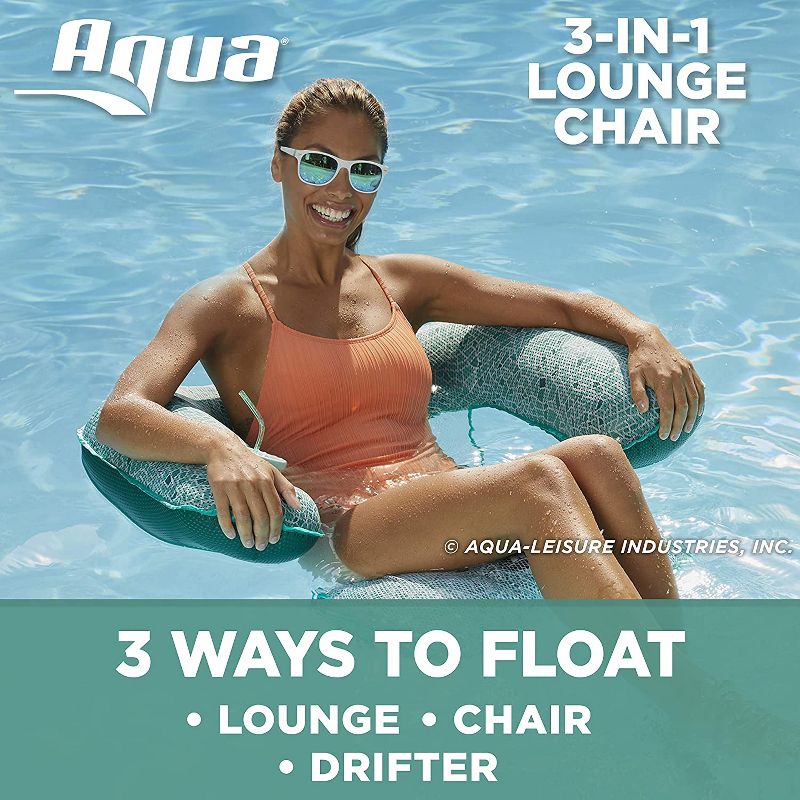 Aqua Mosaic AZL17010 3 in 1 Inflatable Float Lounge Chair with Cupholder 250 Pound Capacity for Swimming Pools, Beach, and Lakes, Green Mosaic