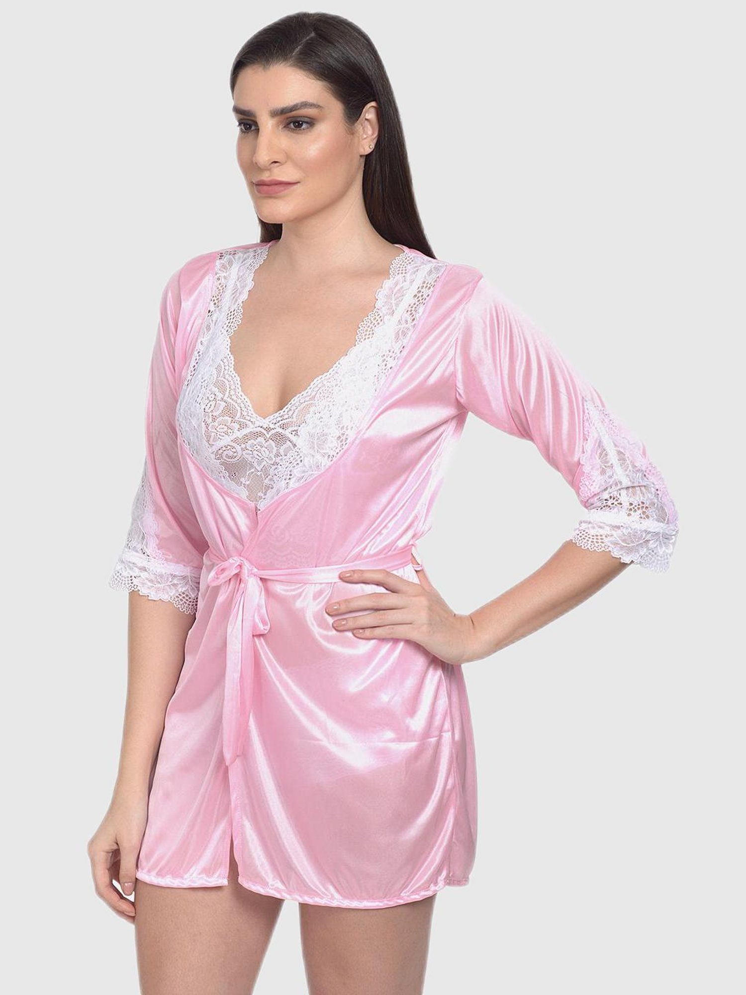 mod & shy Pink Lace Print Sleepwear Robes