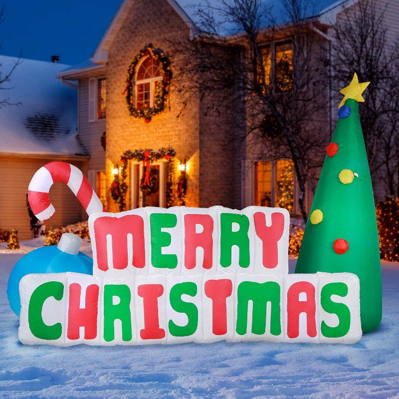 Holidayana 8' Wide Giant Inflatable Merry Christmas Sign Holiday Ornament Yard Decoration with Blower Fan, Tie Down Straps, and Ground Anchor Stakes