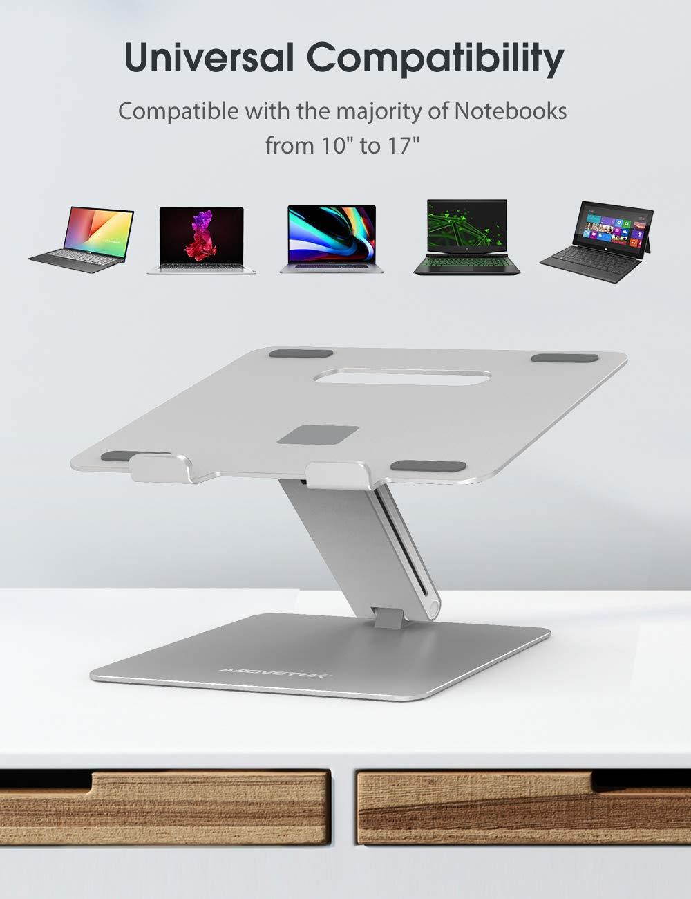 Laptop Stand, AboveTEK Adjustable Computer Riser for Desk, Compatible with Mac MacBook Pro Air Notebook, Up to 17 inches, Supports Up to 44 Lbs -Silver