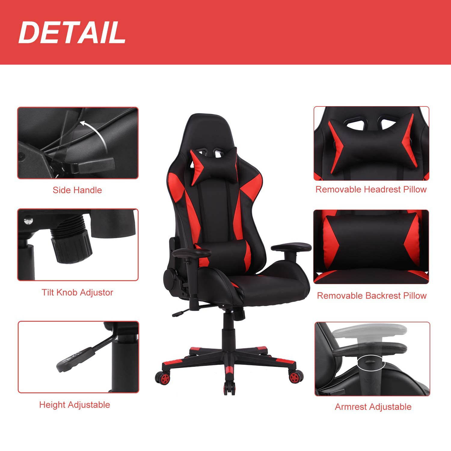 SMUGDESK Gaming Chair Racing E-Sports Chair High Back Game Chair Seat Height Armrest Adjustable Swivel Ergonomic Task Chair with Headrest and Lumbar Support, Red
