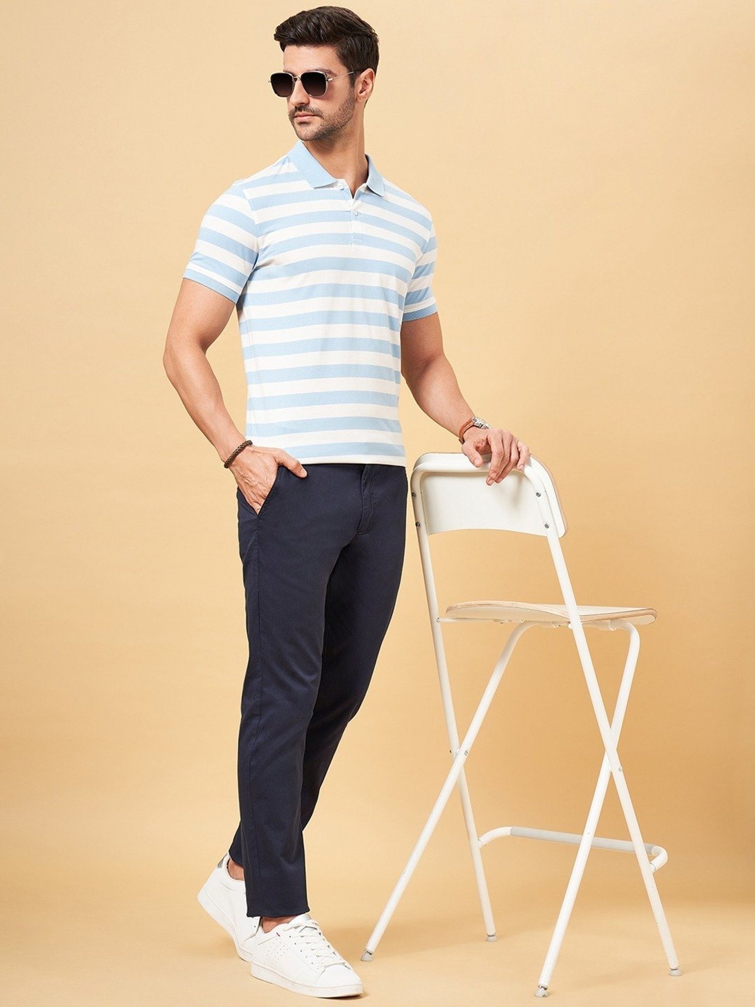 Byford by Pantaloons Blue Slim Fit Striped Polo T-Shirt