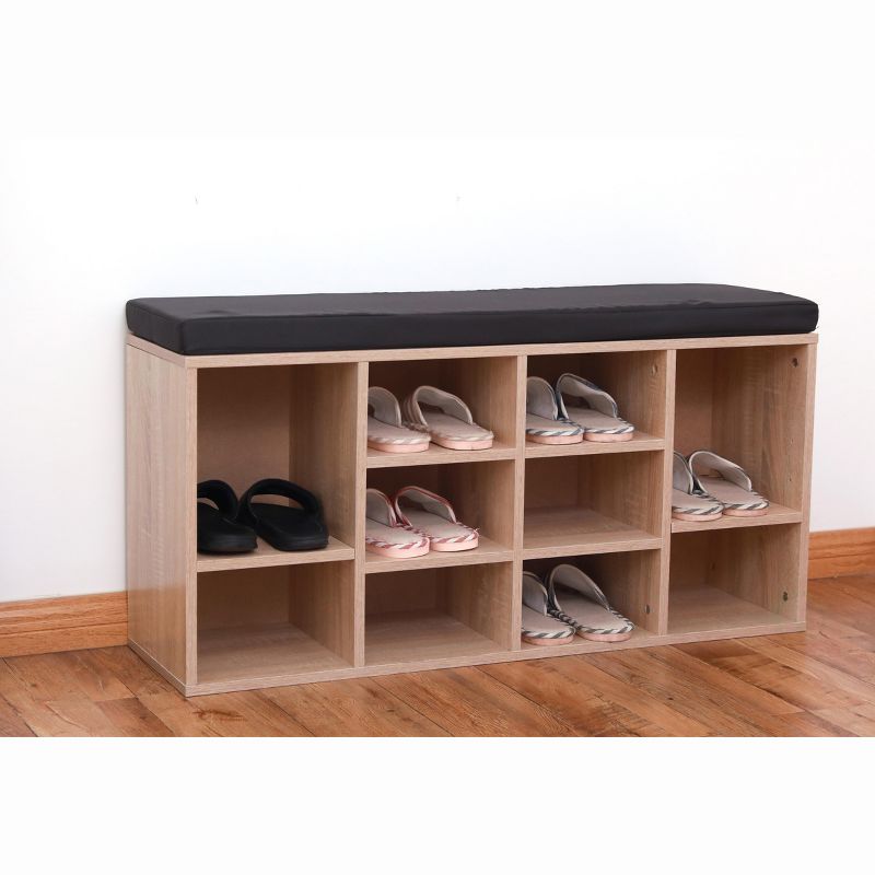 Natural Wooden Shoe Cubicle Storage Entryway Bench with Soft Cushion for Seating