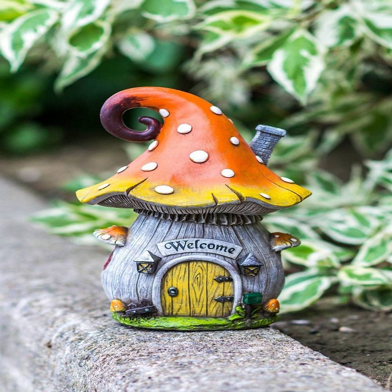 9" Polyresin Fairy Garden Mushroom House with Welcome Sign and Lights Brown - Hi-Line Gift