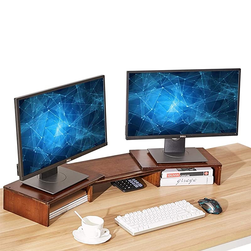 Bamboo Dual Monitor Stand Riser with Length and Angle Adjustable, 3 Shelf Multifunctional Screen Desktop Organizer for Laptop Computer, TV, PC, Printer, Multi Media Speaker-Walnut &hellip;