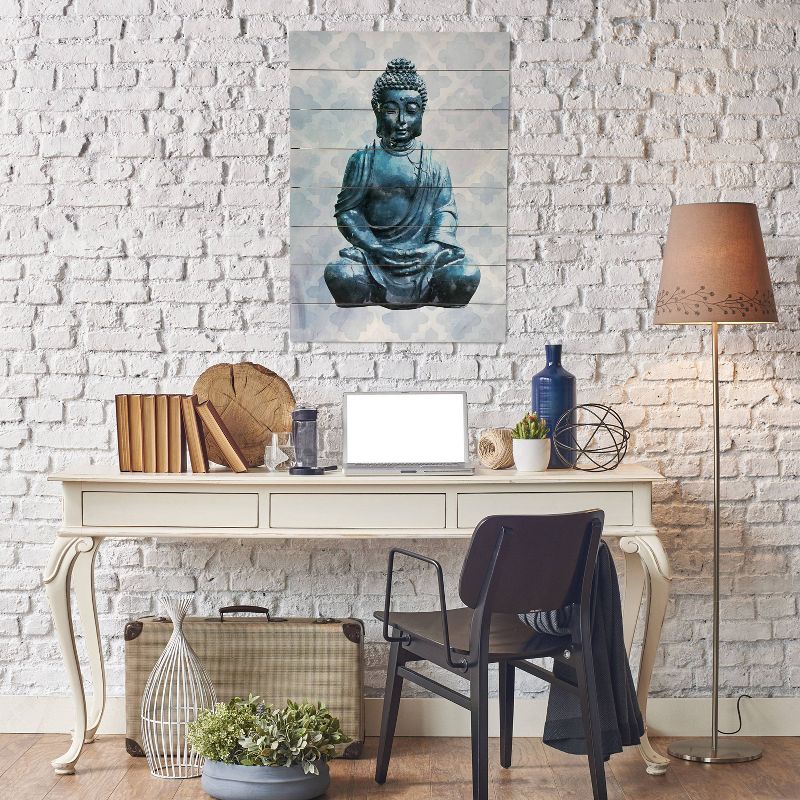 18" x 26" Buddha Print on Planked Wood Wall Sign Panel Blue - Gallery 57