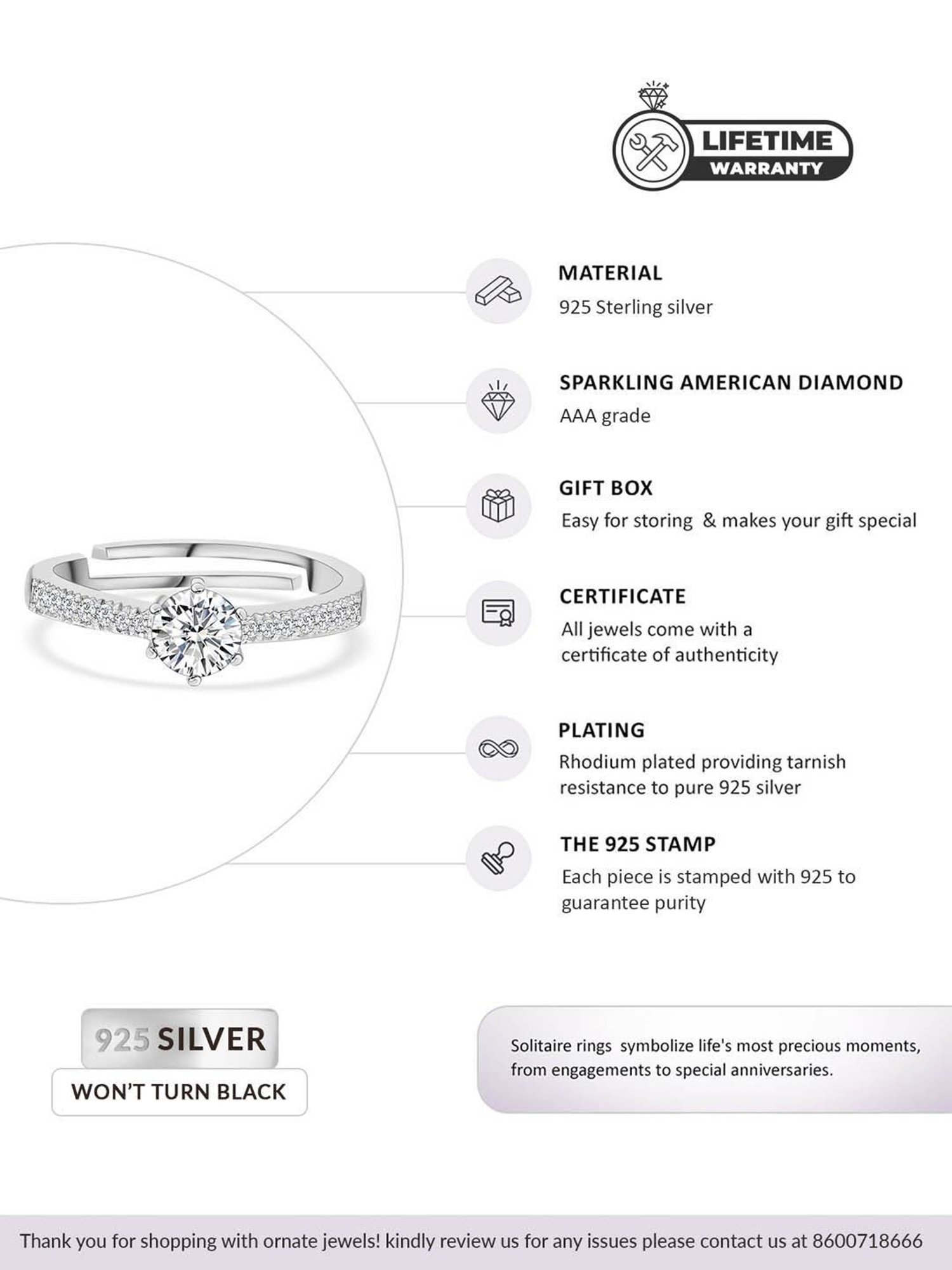 Ornate Jewels 925 Silver 1.25 Carat AD Solitaire Adjustable Ring for Women & Girls