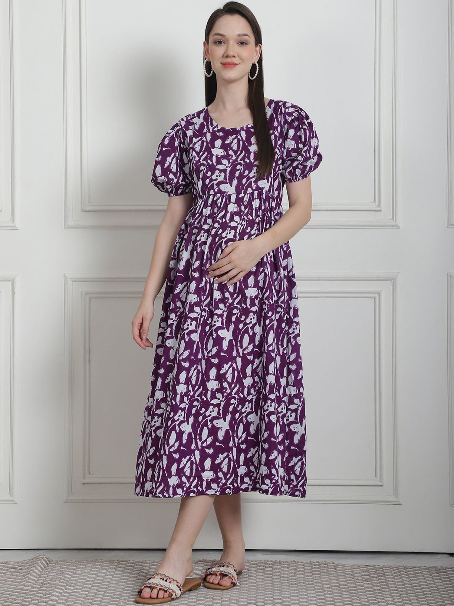 Secret Wish Purple Floral Print Maternity Night Dress