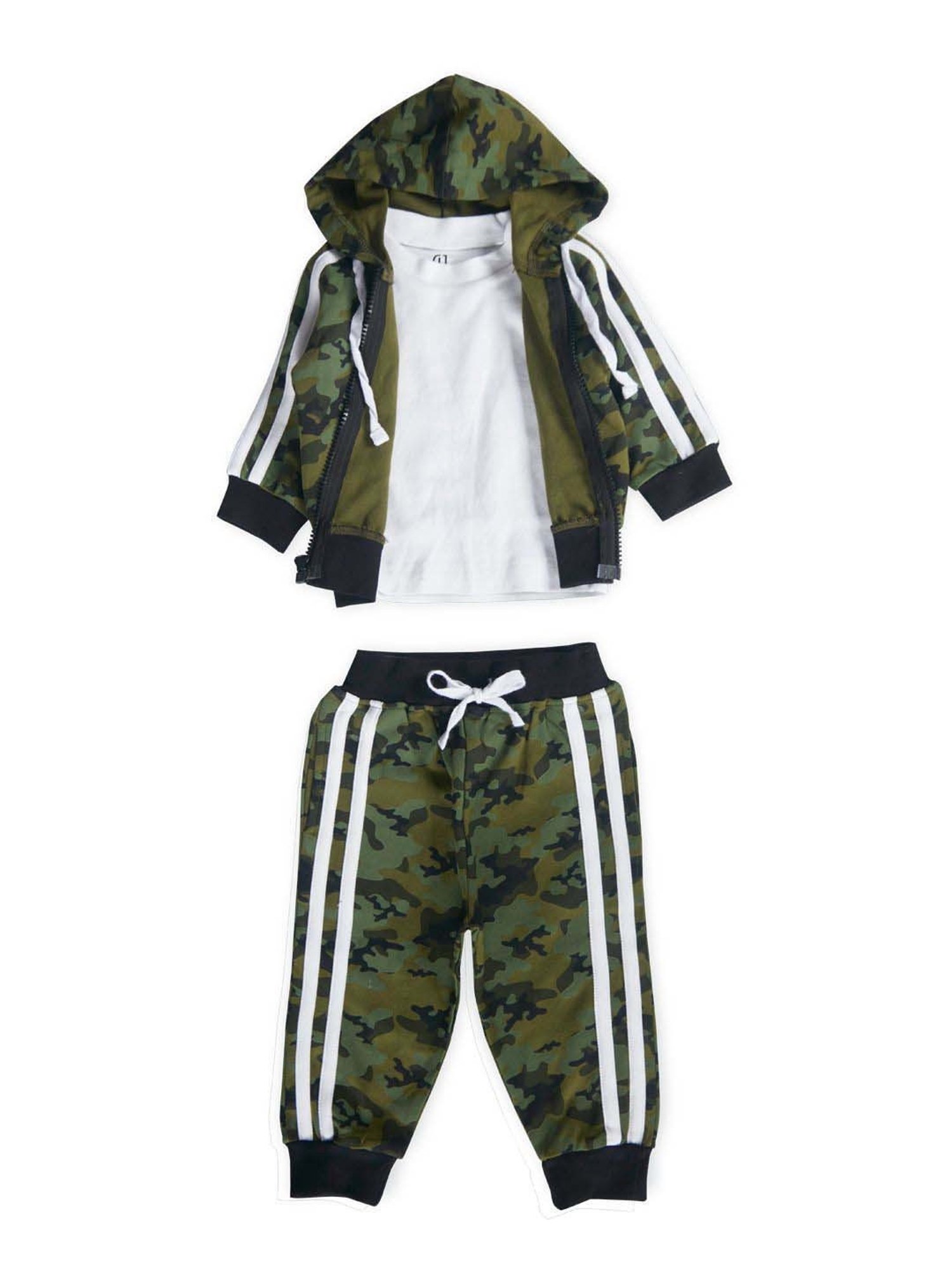 GJ baby Green & White Cotton Camouflage Full Sleeves T-Shirt Set